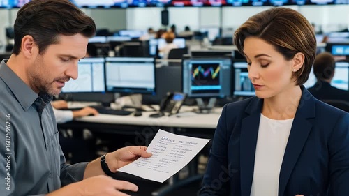 Breaking News Two Professionals Examining Document In Office Setting Modern Lighting Background Monitors and Concentrated Expressions