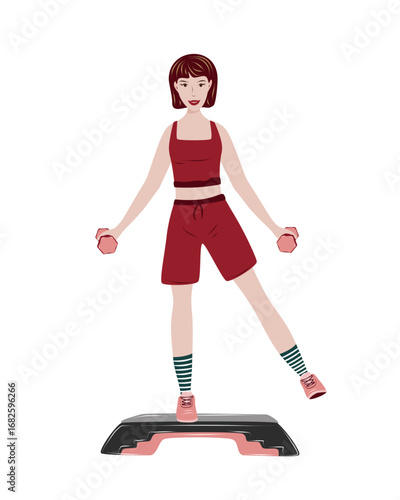 Young woman doing step aerobics with dumbbells. Sporty girl wearing a workout outfit, exercising on a step platform as a part of a fitness routine. Isolated vector illustration.