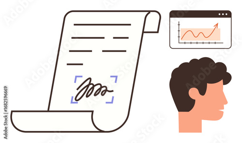 Signed scroll document, user profile head, and chart interface represent digital contracts, identity verification, online agreements, analytics, authentication, tracking, and efficiency in a simple