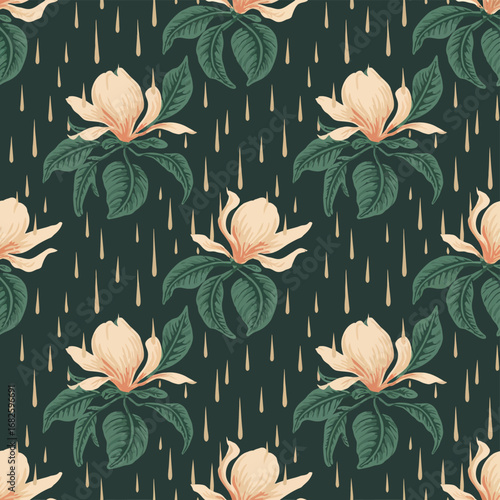 Seamless magnolia flower pattern with falling rain drops
