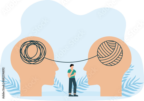 Psychotherapy and Man patient talks about his emotional problems to therapist, Tangled lines above and depression treatment, psychological help and mental health concept
