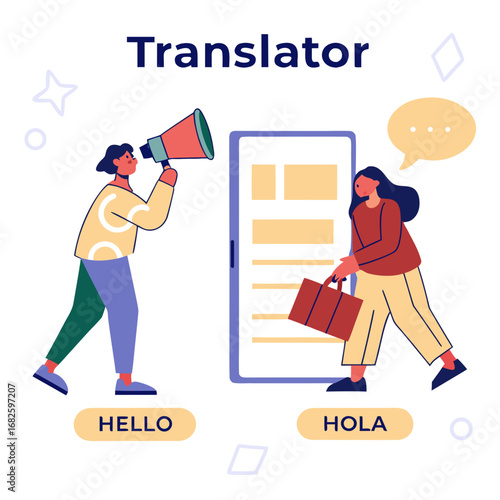 Translator Concept – Linguist Translating Documents, Books, and Speech with Multilanguage Translation Service Flat Vector Illustration
