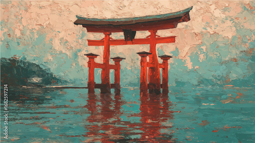 Oil painting of  torii gate, in impasto style