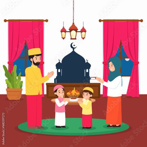 Illustration of a happy Muslim family celebrating Eid together, a joyous gathering representing love, tradition, and festive holiday spirit