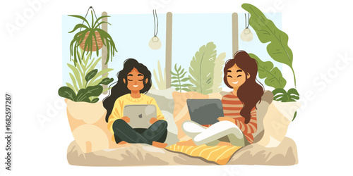 Two girls or young women with laptops on the bed, students, freelancer, home time, watching a movie, online game