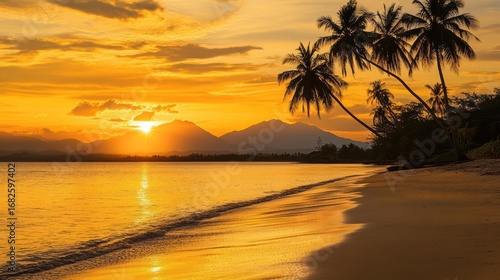 Sunset behind distant volcano over tropical sea
