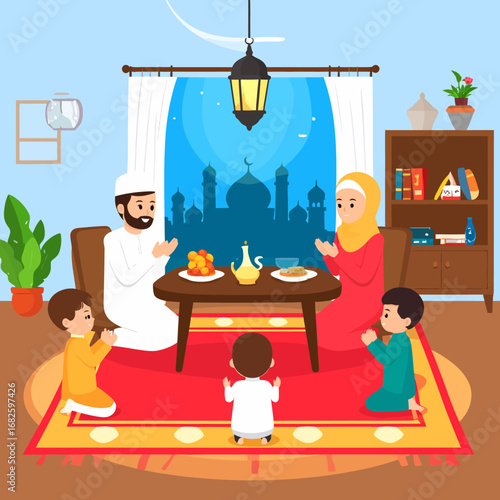 A devout Muslim family offering a traditional prayer of supplication together before breaking their fast for the Iftar meal during Ramadan