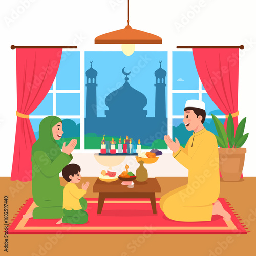 A devout Muslim family offering prayers together in their home during the holy month of Ramadan or Eid