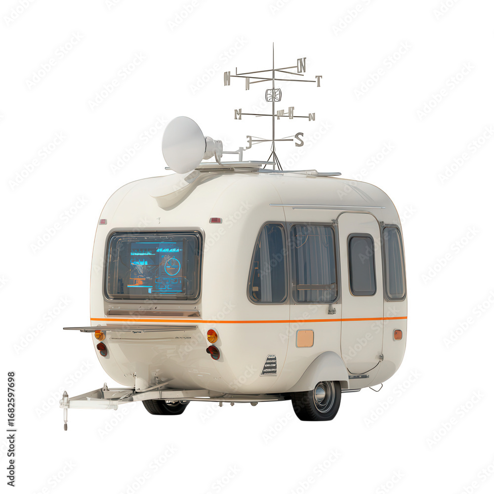 Fototapeta premium Futuristic White Camper with Weather Station, Interior Screen Display on Transparent Background