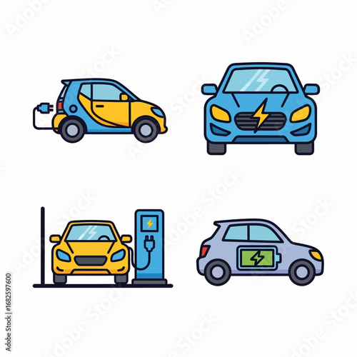 Electric cars charging and showing battery power eco friendly vehicles.