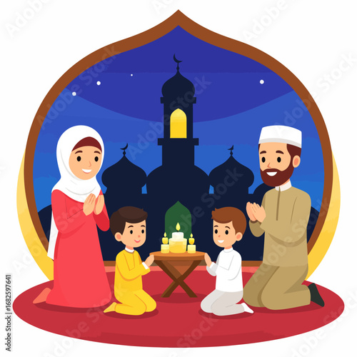 A loving Muslim family praying together during the holy month of Ramadan with a mosque silhouette under a starry night sky