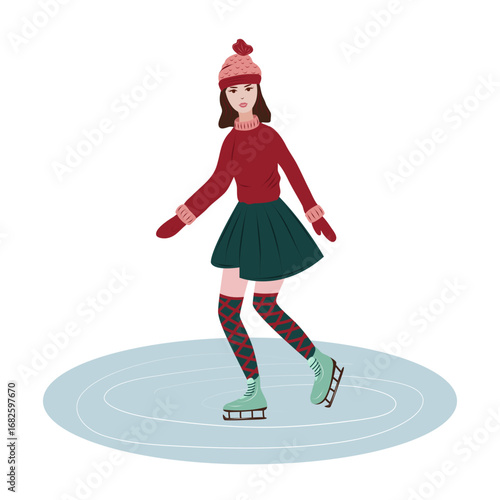 Vector character young woman ice skating on a frozen pond. People in parks. Seasonal winter activity and holiday recreation concept. Isolated.