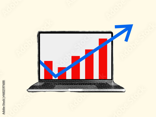 Trendy halftone collage on business and investment growth. Market statistics with laptop and finance data graph showing upward trend.Contemporary vector illustration for corporate and financial design