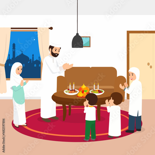 Family Gathered for Prayer and Meal A Peaceful Scene of Ramadan Celebration