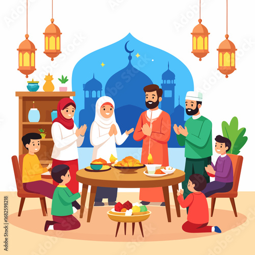 A joyous Muslim family gathers for a festive Iftar meal, celebrating Ramadan together in a warmly decorated home