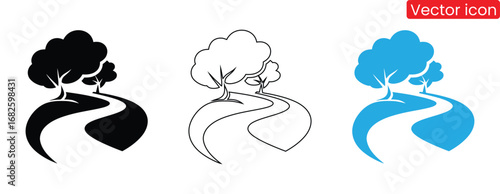 Ecology icon. Set of icons for environmental protection, earth, renewable energy, leaf, recycling, green energy, green icons,Scenic path through trees illustration black line blue,