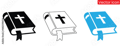 Bible icon. Black and white silhouette of a holy Bible. Religious symbol. Vector illustration.Christian bible icon set for faith and spirituality,