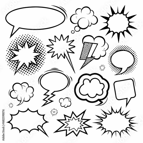 Set of retro comic book speech bubbles, thought clouds, and explosion bursts for dialogue and sound effects