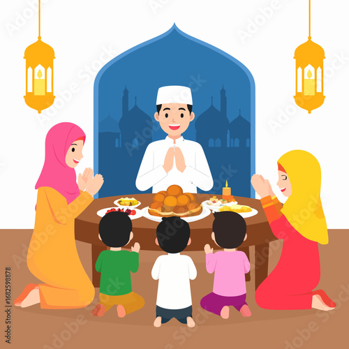 A loving Muslim family gathered in prayer and gratitude before breaking their fast with an Iftar meal during the holy month of Ramadan