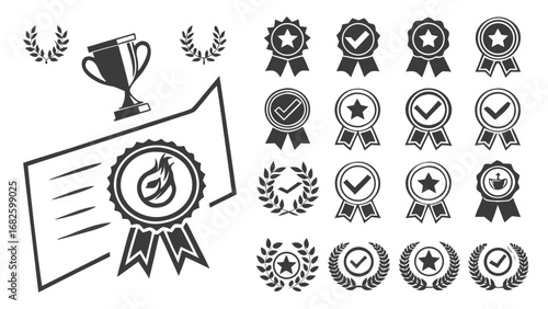 A comprehensive set of monochrome vector icons representing awards, achievements, and quality certification, including trophies, medals, and diplomas