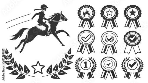 Equestrian success concept vector pack, featuring horse and rider silhouette with prestigious award badges, rosettes, and laurel wreaths symbolizing triumph and competitive excellence