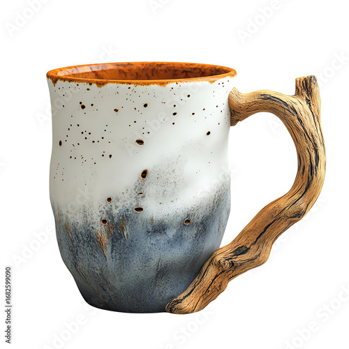 Unique handcrafted ceramic mug with a textured surface and wooden handle, perfect for coffee or tea lovers.