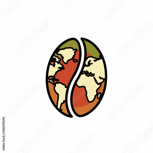 Global coffee concept illustration of a world map on a coffee bean.