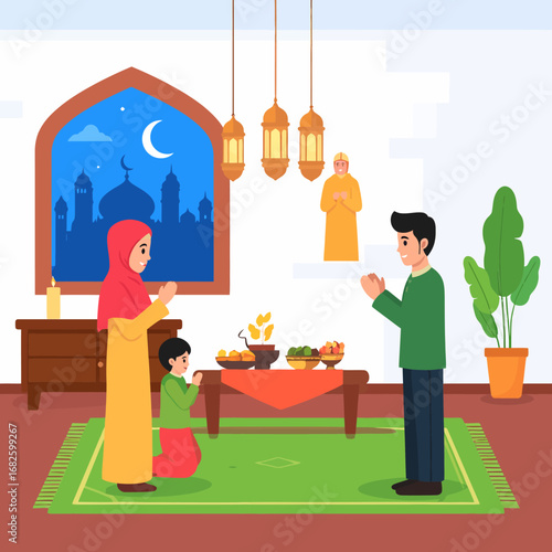 Muslim family praying together before Iftar meal during Ramadan, a sacred tradition of gratitude and blessing