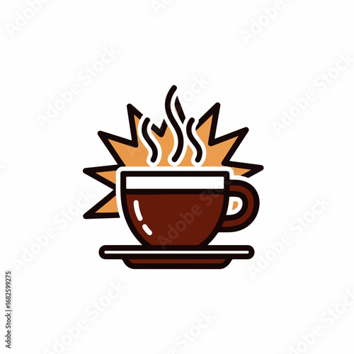 Hot coffee cup with steam and energy burst icon.