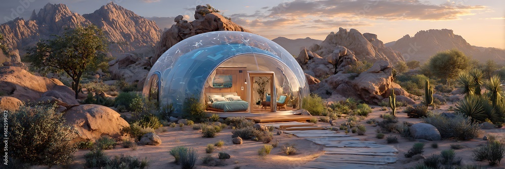 Fototapeta premium Transparent geodome workspace in desert oasis with AI control panel glowing blue