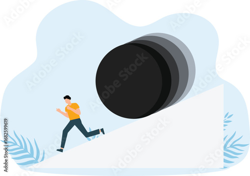 Crisis. Unpredictable situations, loss of income and unemployment, ball roll down mountain, failure people, troubles and problems in economic, business and life, vector cartoon flat concept
