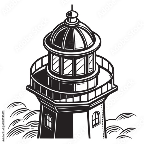 Lighthouse stands tall amidst crashing waves, a guiding light in the turbulent ocean, viewed from a low angle, an illustration of coastal navigation