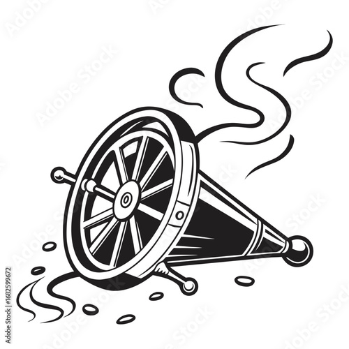 A steam-powered wheel mechanism bursting out of a metal horn, illustration, dynamic movement, abstract background
