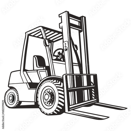 Industrial forklift illustration viewed from the side in a warehouse environment