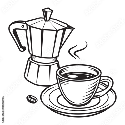 Vector illustration of a classic moka pot and coffee cup