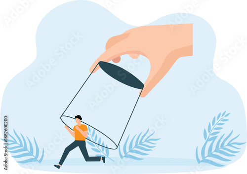 Business arrest. Crime and escape, financial banking fraud, non-payment of taxes, huge hand catches fleeing businessman in glass, criminal punishment vector isolated justice concept
