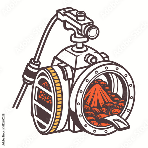 Industrial coal furnace illustration viewed from the front showcasing machinery and equipment in a factory setting