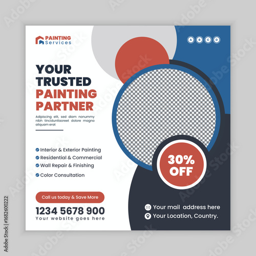 Residential and Commercial Painting Services Web Banner and Social Media Square Flyer Template for Renovation Remodeling and Wall Color Decoration