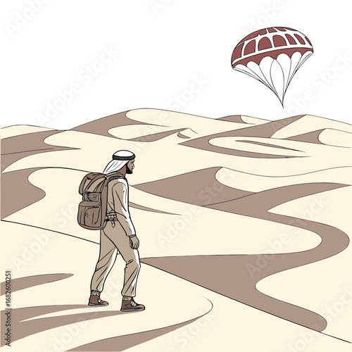 A man with a backpack walking in the desert with a parachute in the sky