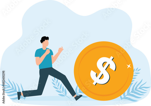 Pursuit of big money and Business people men trying to catch gold coins and successful career growth. Achieve the goals and success in career, people ambition and motivation concept
