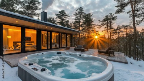 Modern cabin with hot tub on snowy deck at sunset
