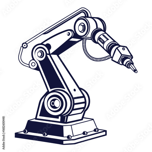 Industrial robotic arm with articulated joints and mechanical components in a manufacturing setting, viewed from the side
