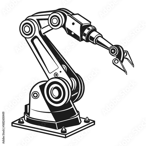 Industrial robotic arm with mechanical claw grasping in a manufacturing environment from a side viewpoint