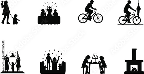 Silhouettes of family home activities, cycling, parenting, kids playing, watching TV, learning, fireplace, bonding, celebration, entertainment, love