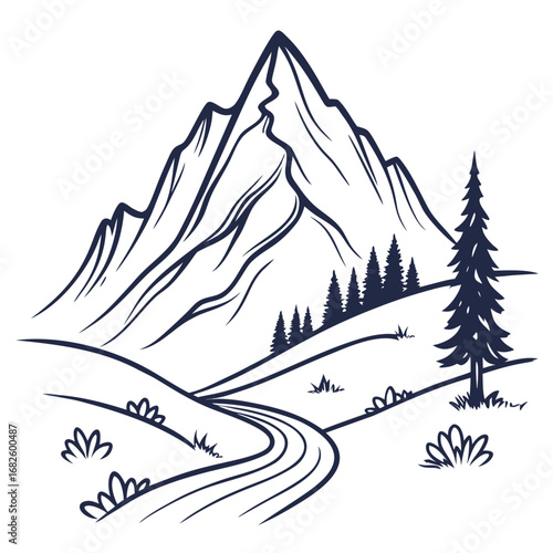 A winding road leads through a serene mountain landscape with trees and hills from a distant viewpoint