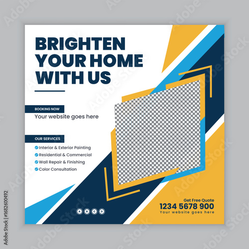 Renovation and Painting Services Square Flyer and Social Media Post Web Banner Template for Interior Decoration House Improvement and Wall Repair