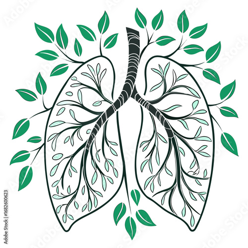 Illustration of human lungs surrounded by leaves, symbolizing healthy breathing and environmental connection, viewed from the front.