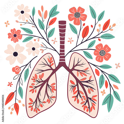 Illustration of lungs with floral branches and leaves, symbolizing health and nature