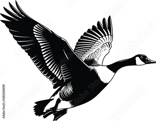 Flying goose vector illustration black and white clip art image