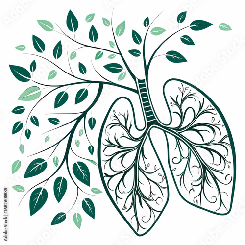 Human lungs illustration with leafy branches and green leaves representing healthy respiration from a front viewpoint